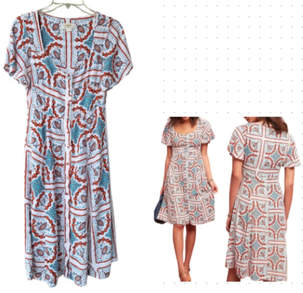 Maeve by Anthropology Floral Midi Dress Buttons Flatter Sleeves Boho Cottage 4